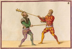 Two fighters use articulated maces in a practice session. Art from Arte de Athletica